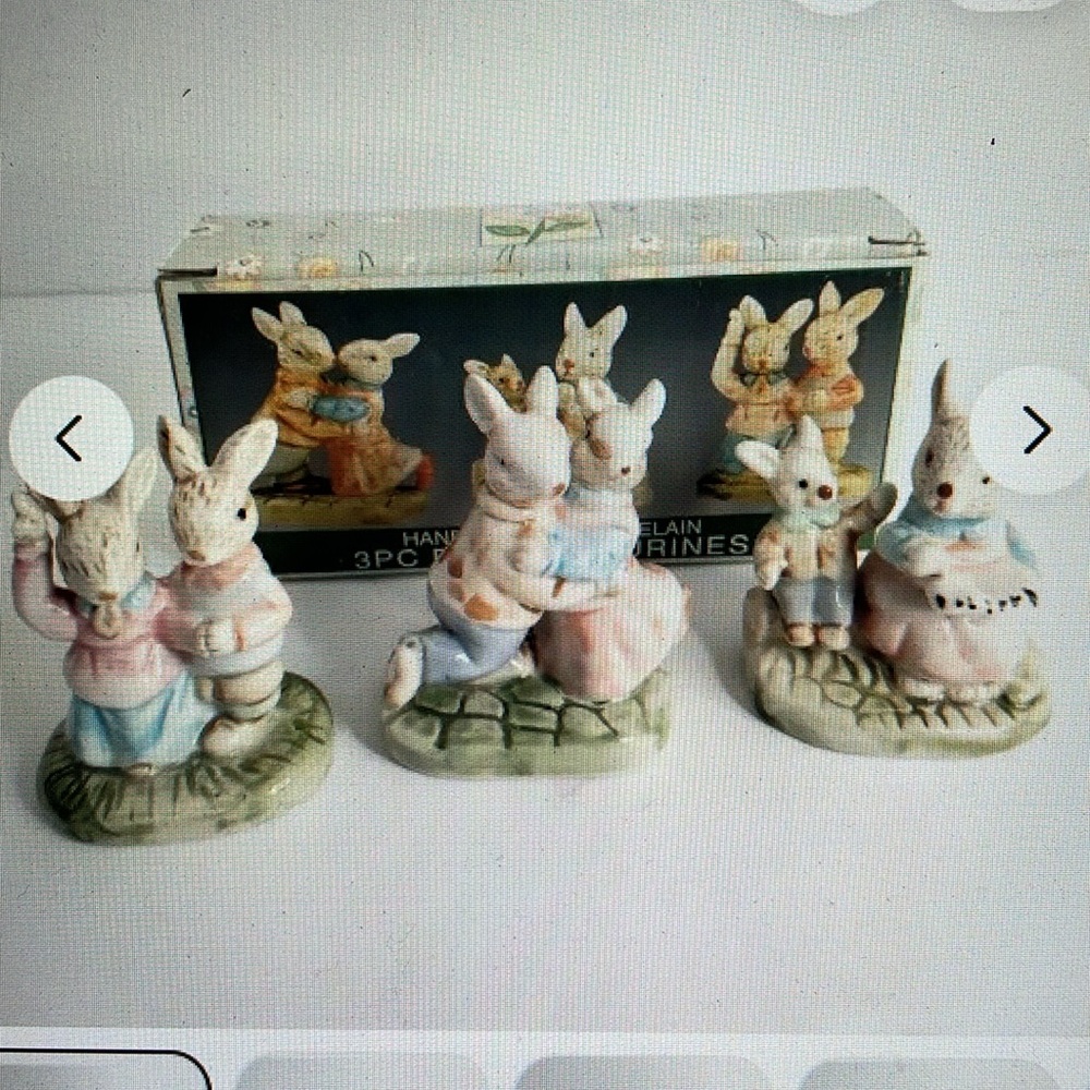 Easter Dancing Bunny Figurines 3PC Hand Painted Porcelain Spring - World